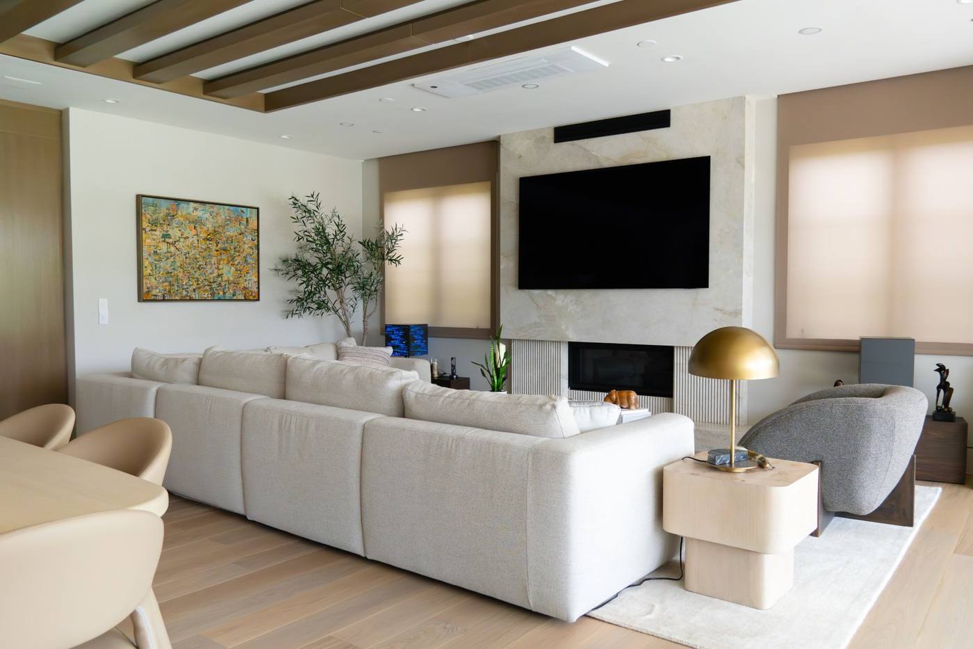 Living room with fireplace and clean contemporary detailing
