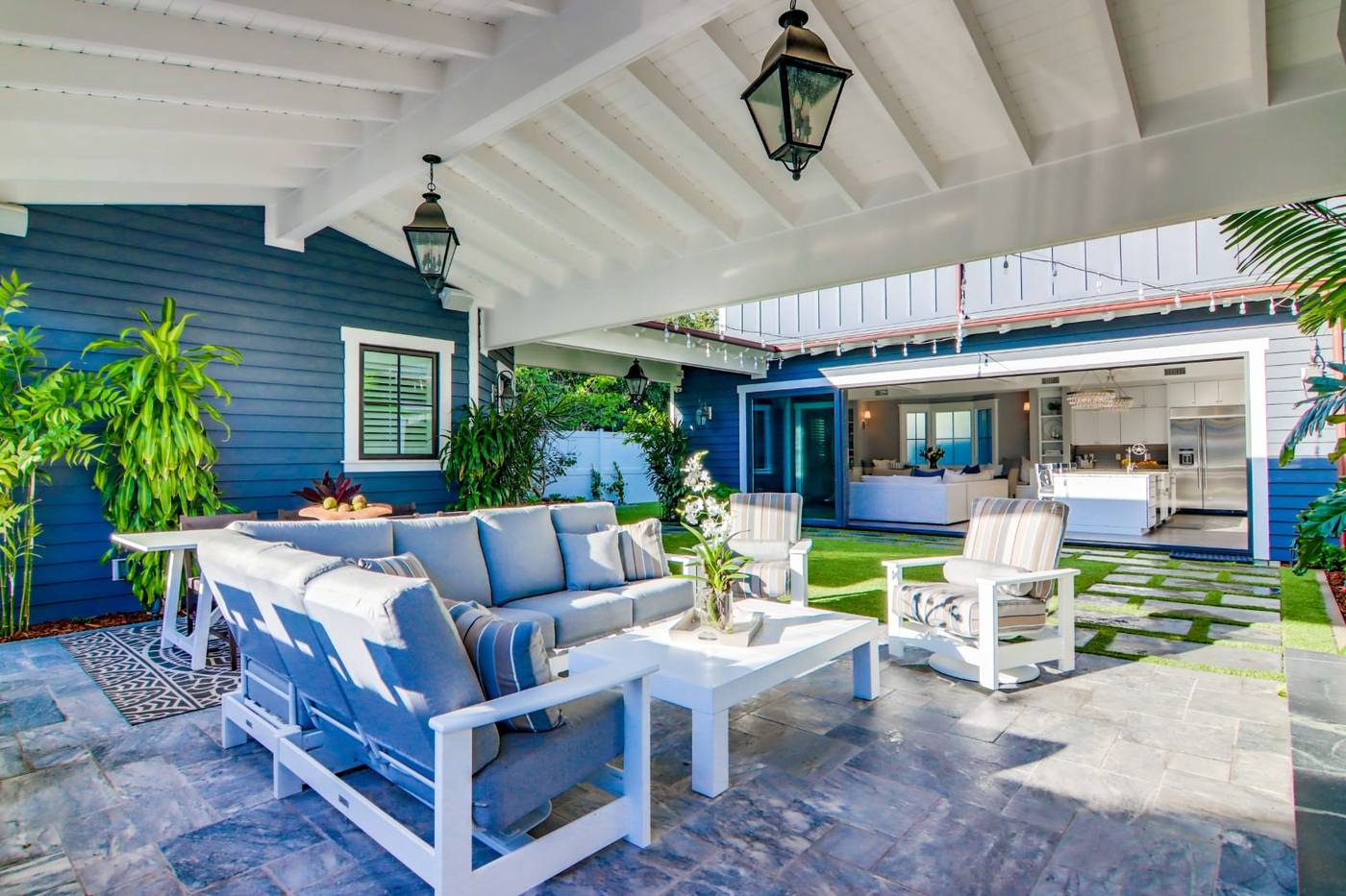 Outdoor living area looking back toward the open great room