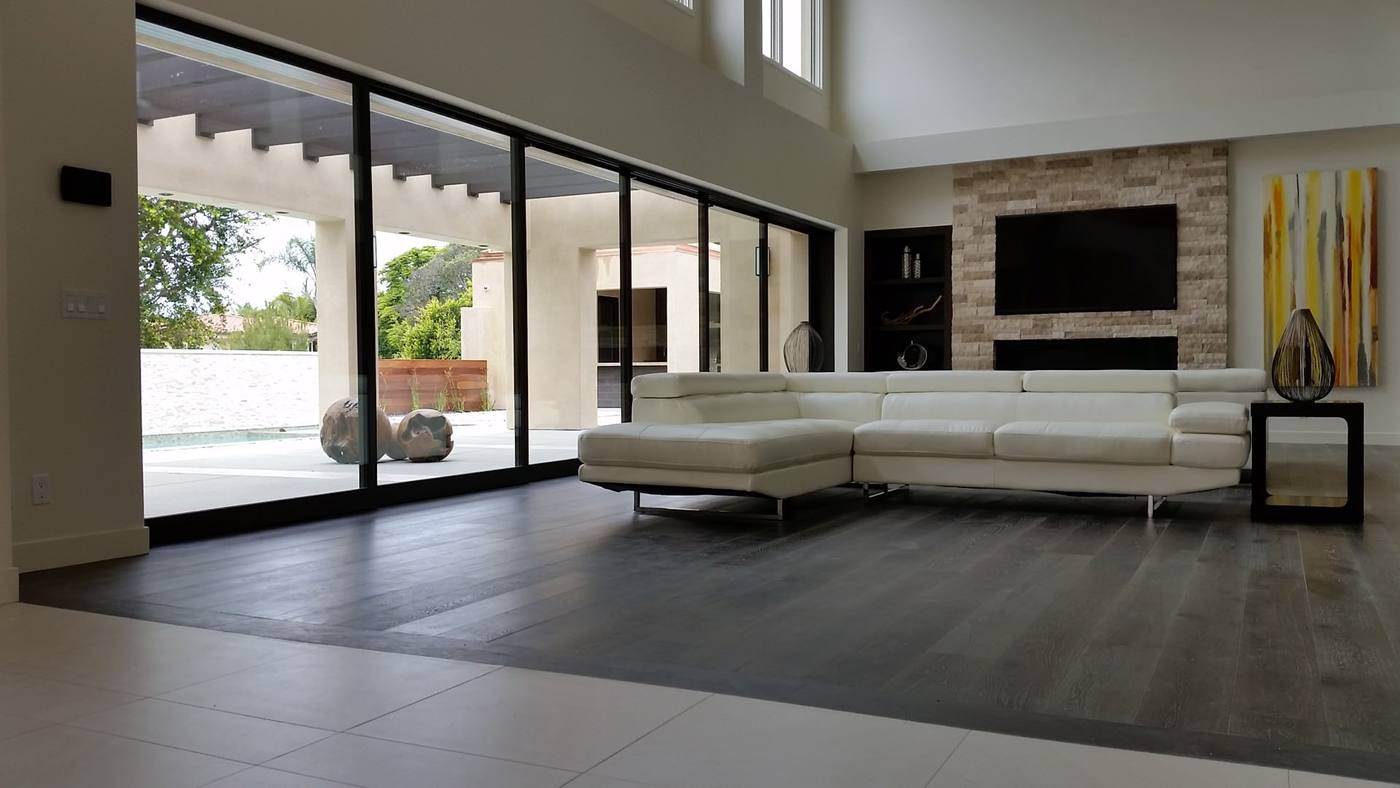 Living room with steel framed glass doors